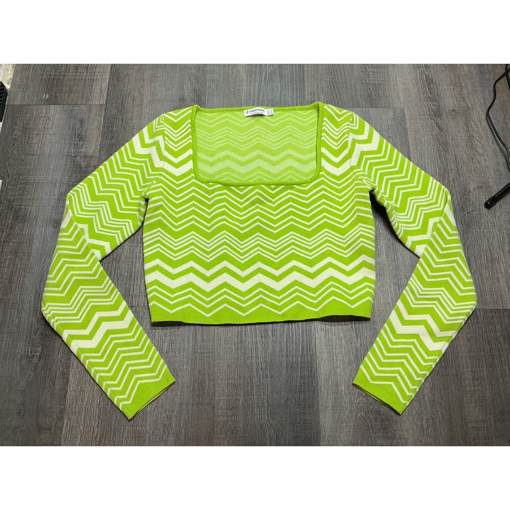 Stradivarius Lime Green Chevron Zigzag Square Neck Cropped Knit Top Small